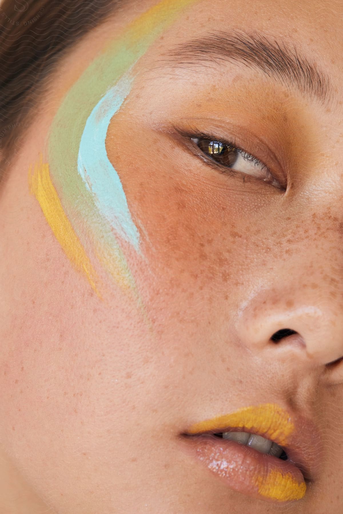 An Asian woman with freckles, brown eyes, and yellow, blue, and green eye makeup around the eye near the hair, with half her lips with yellow lipstick.