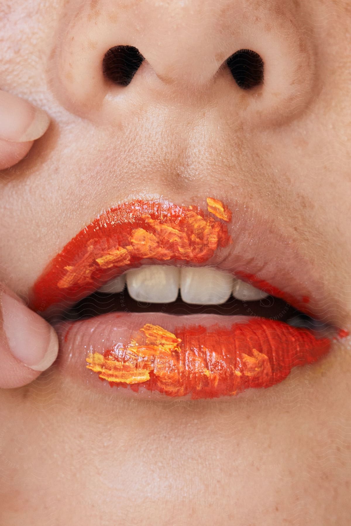 Two shades of lipstick decorate woman's mouth.