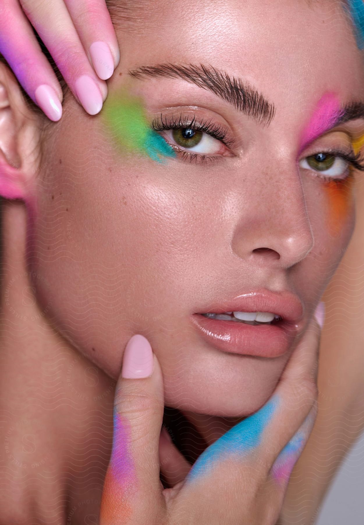 A woman with fluorescent paint on her face and hands looks forward with her hands on her face.