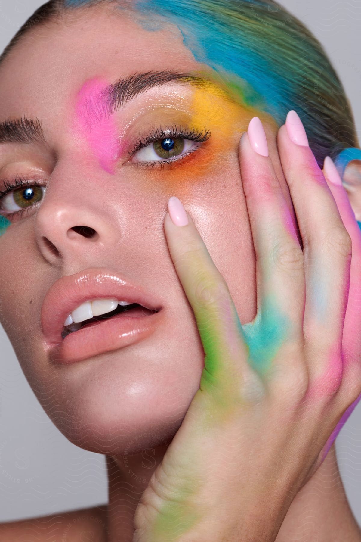 A young woman posing with make-up randomly applied to her face, hand and hair.