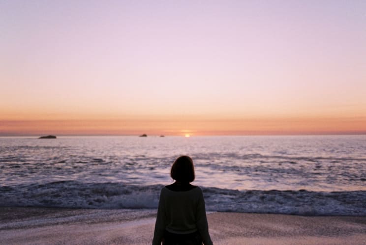 Person Stands In Silhouette On The Beach Gazing At The Pink Sunset On Horizon