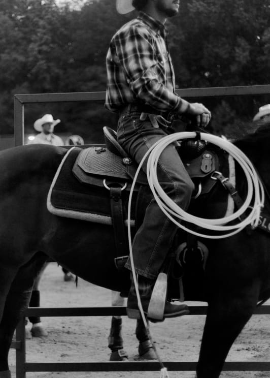 A Person In A Checkered Shirt Is Riding A Horse, Holding A Lasso