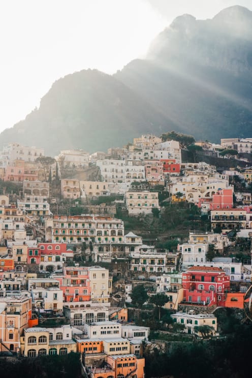 Colorful Houses In A Cliffside Village On The Amalfi Coast In Southern Italy