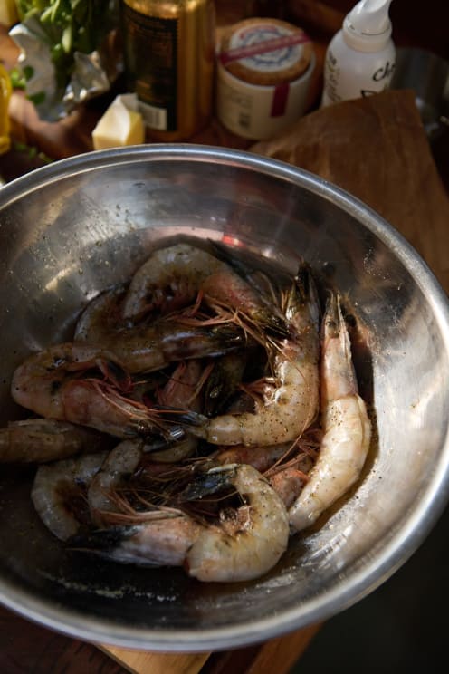 A Stainless Steel Bowl Contains Fresh Shrimp