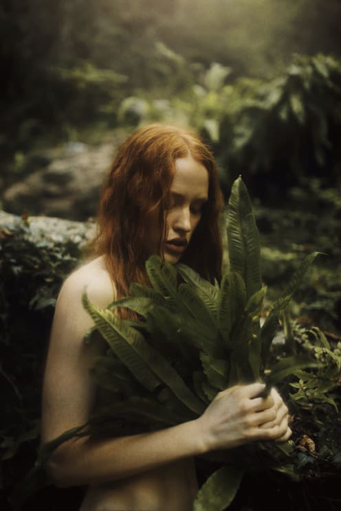 A Woman With Long Red Hair Stands In A Lush, Misty Forest, Holding Large Green Ferns Close To Her Chest