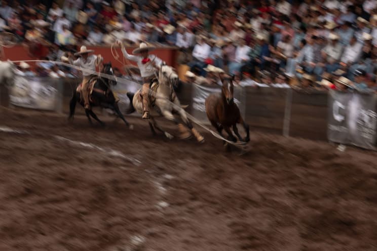 Two Mexican Cowboys Trying To Lasso A Horse At A Rodeo
