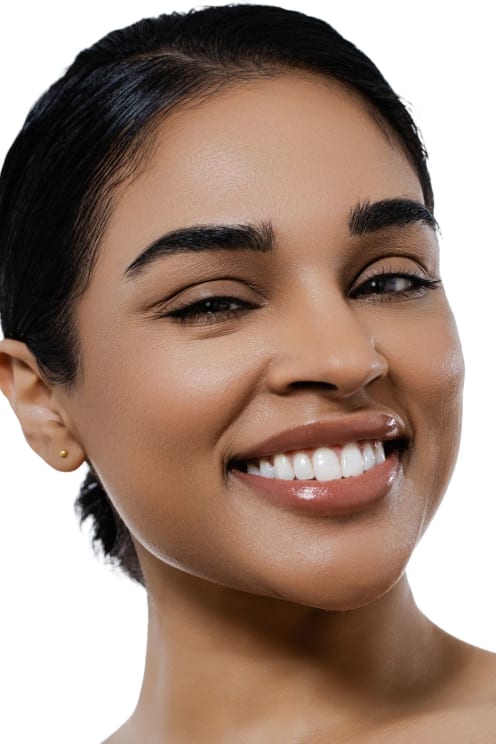 A Radiant Woman With Sleek, Dark Hair, Glowing Skin, And A Bright, Wide Smile Showcasing Perfect White Teeth, Looks Off To The Side