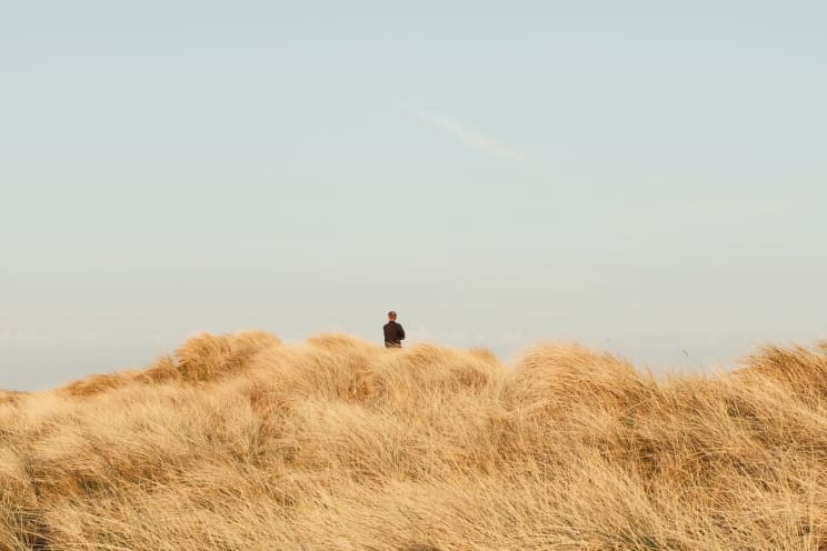 A Man In Dark Clothing Stands Among Golden Grass-covered Dunes Under A Vast Pale Blue Sky