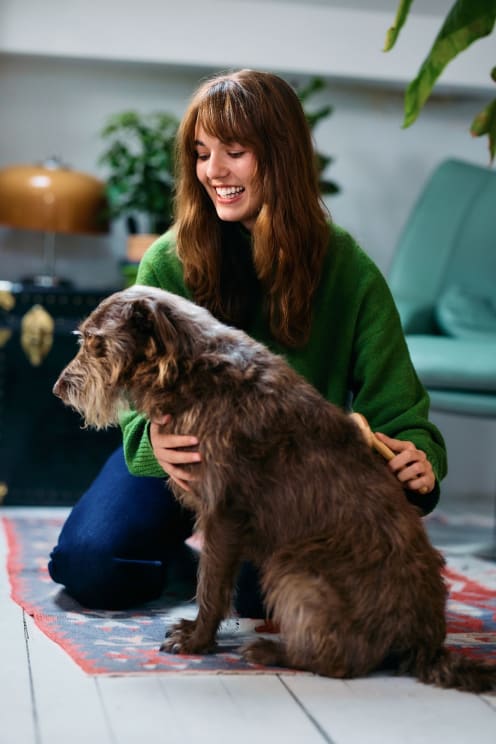 A Lady In Her Sitting Room, Wearing A Green Sweatshirt, Petting Her Dog And Smiling