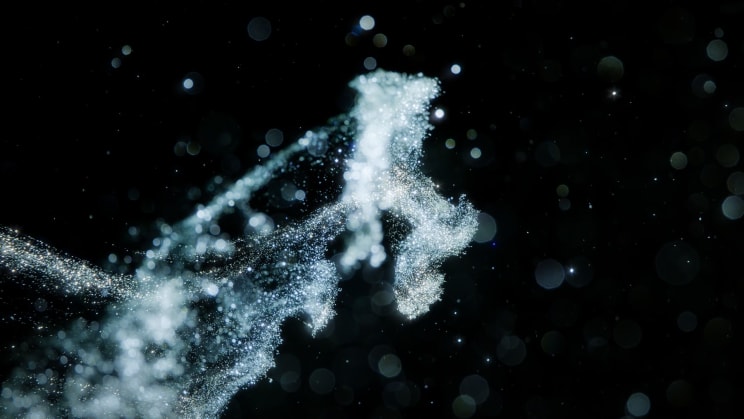 Frozen Moment Of Water Spray Against Black Background Blue Light On The Water With Droplets Flying