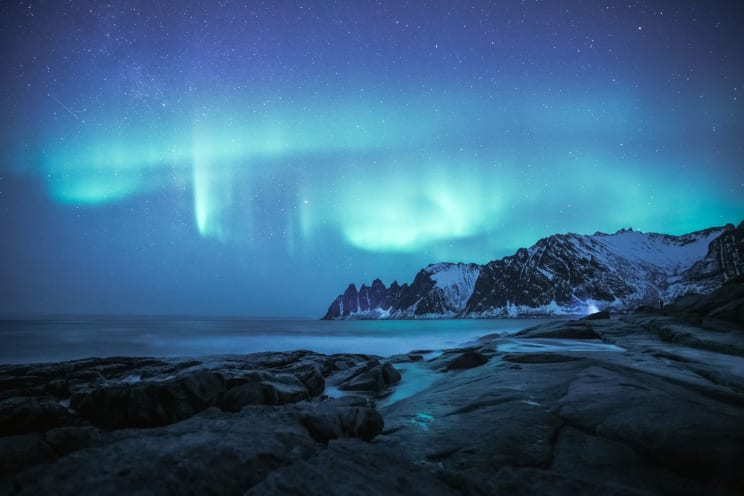 Coastal Landscape With Snowy Mountains And Northern Lights