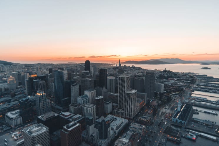 Aerial Shot Of San Francisco Financial District At Sunset
