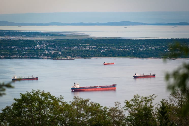 Several Commercial Boats Float On A Lake