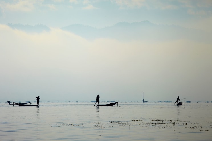 People Standing On Canoes In The Lake