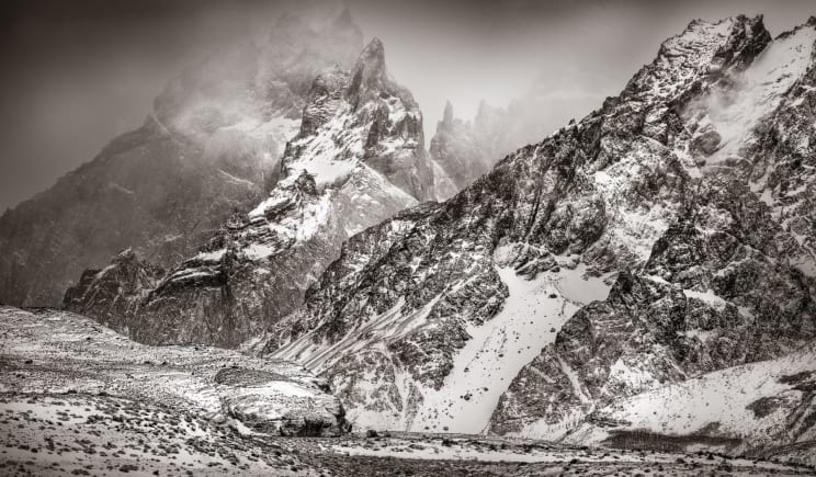 Snowy Mountain Ridge Landscape In Black And White