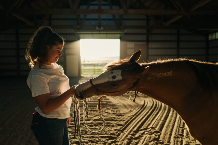 A Woman Is Standing In A Barn With Her Horse