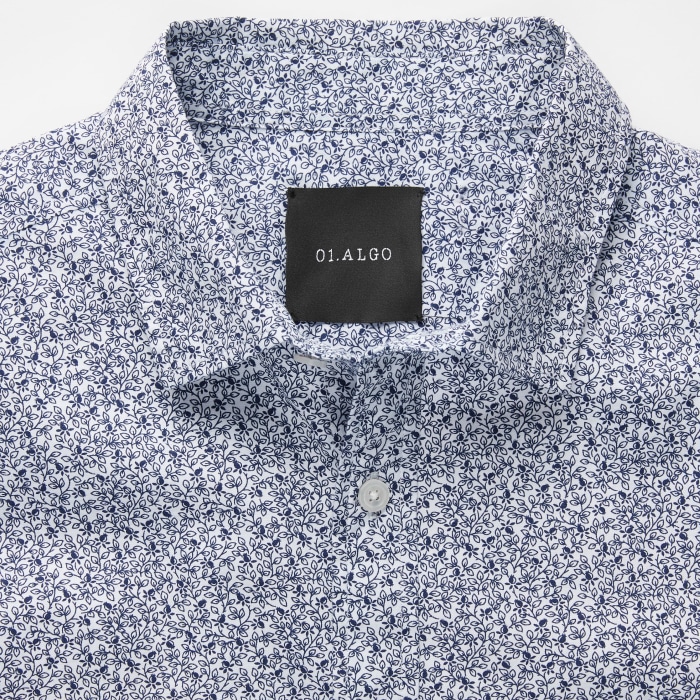 Close up of the collar of a printed shirt