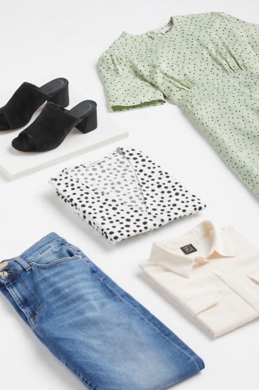 Spotted dress, top, jeans, shirt and shoes