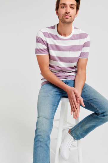 Purple and white striped t-shirt and jeans