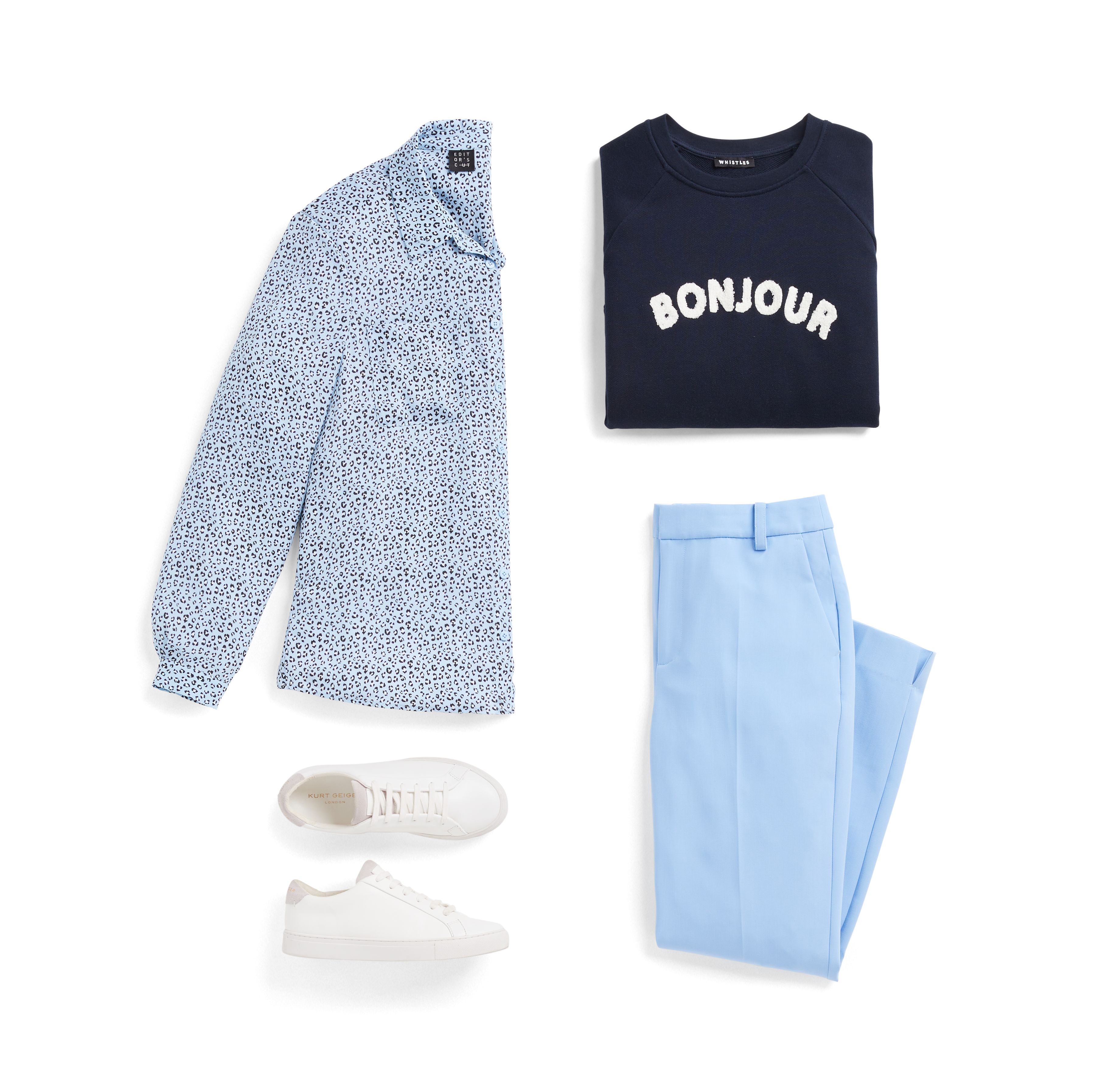 Stitch Fix women’s clothing blue button-down shirt with blue pants, white sneakers, and black crew sweatshirt.