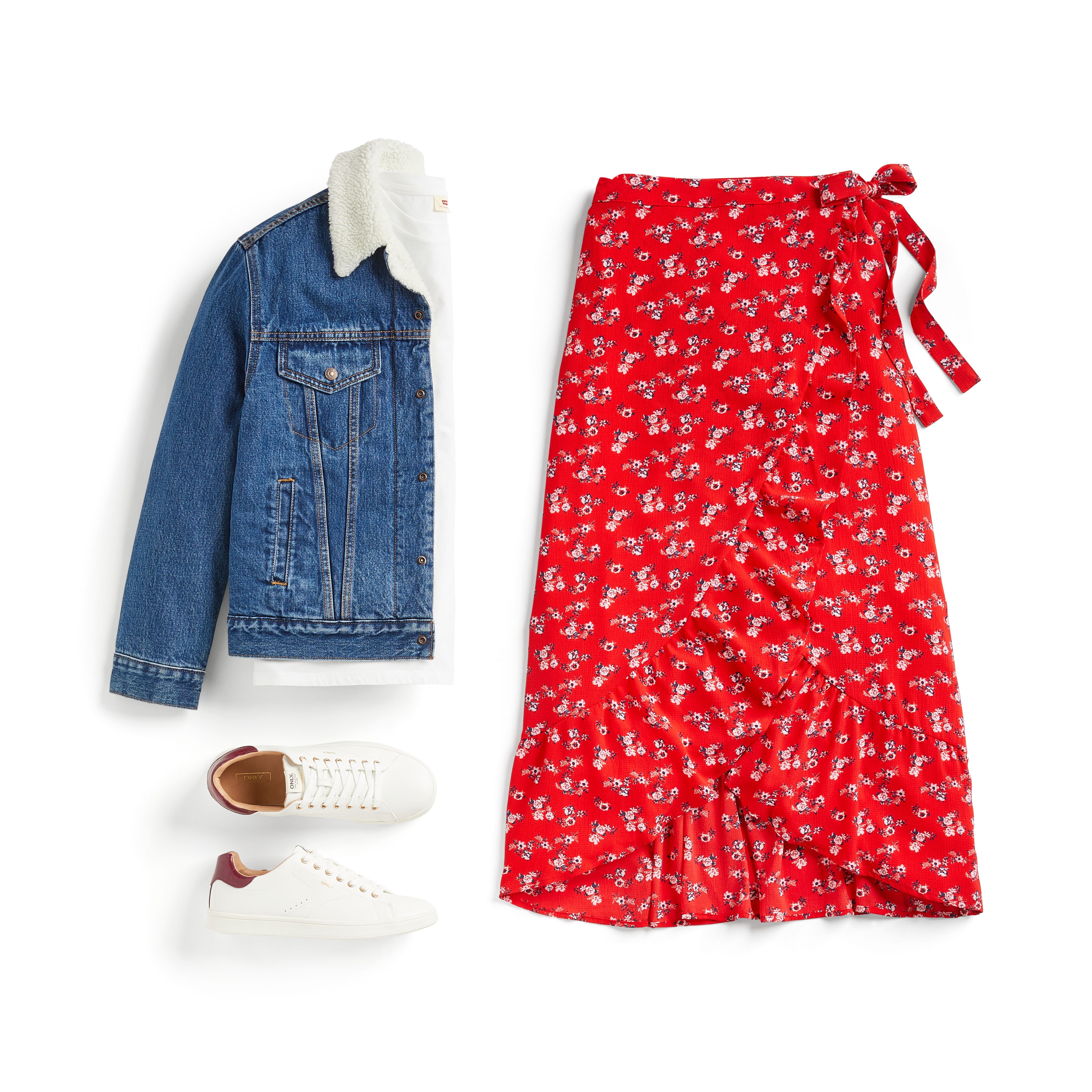 Stitch Fix women’s clothing including denim jacket, white sneakers, and red printed wrap skirt.