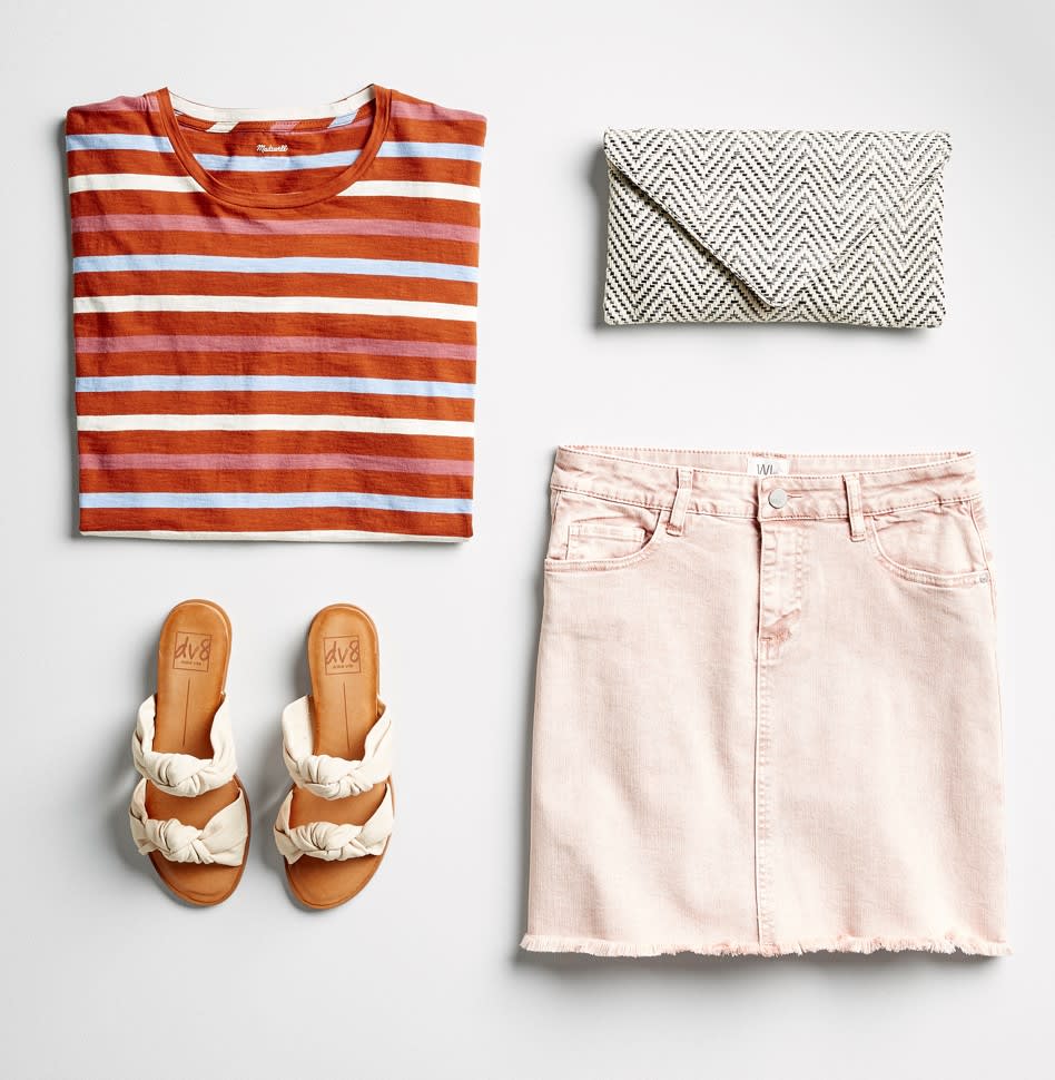 Stitch Fix spring women’s clothing including pink denim skirt, leather slip-on sandals and striped T-shirt