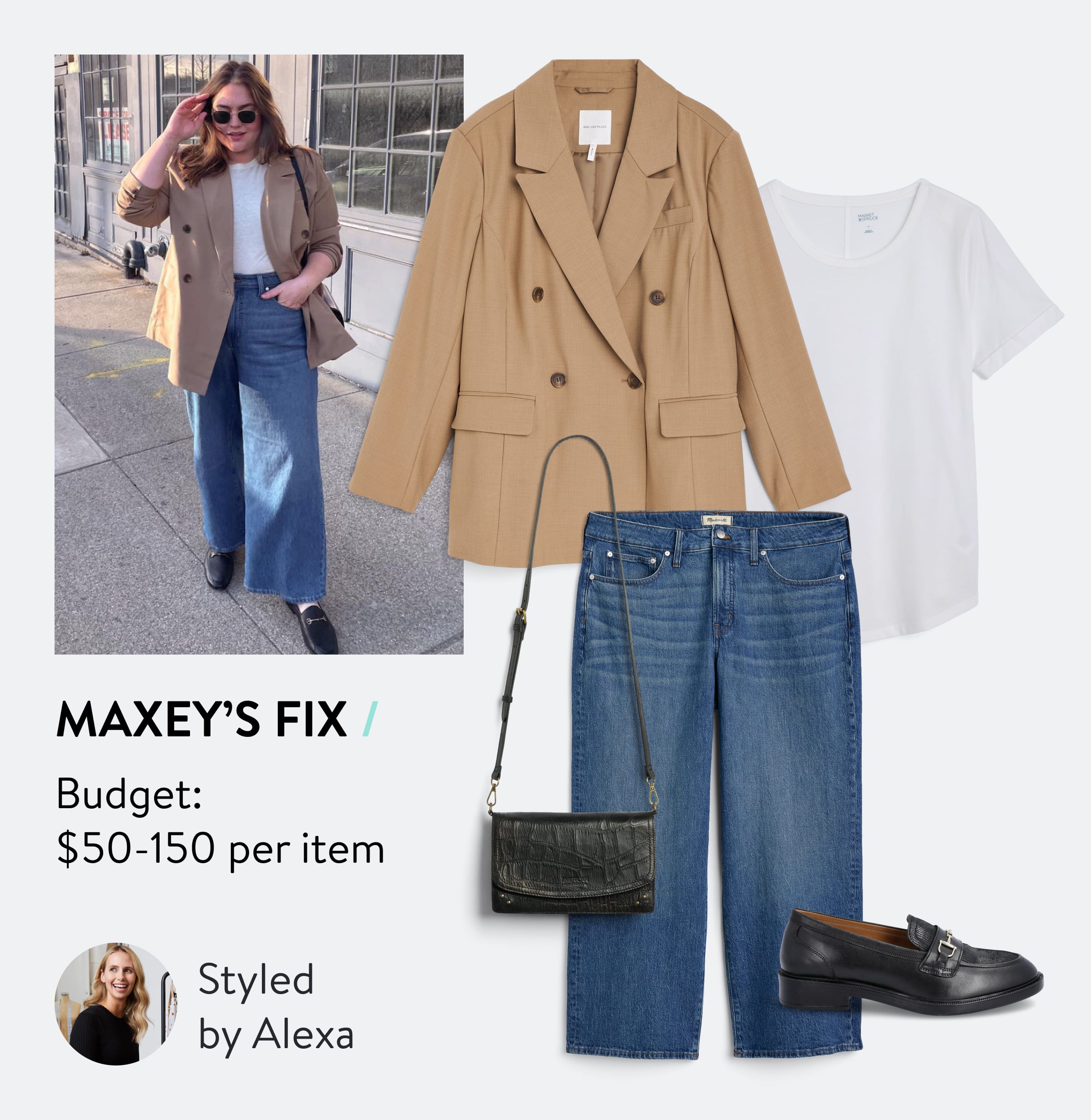 Maxey’s Fix. Budget: $50-150 per item. Styled by Alexa. Woman wearing Stitch Fix tan blazer, wide leg jeans, white T-shirt and loafers, selection of Stitch Fix outfit with black bag and Stitch Fix Stylist wearing black top