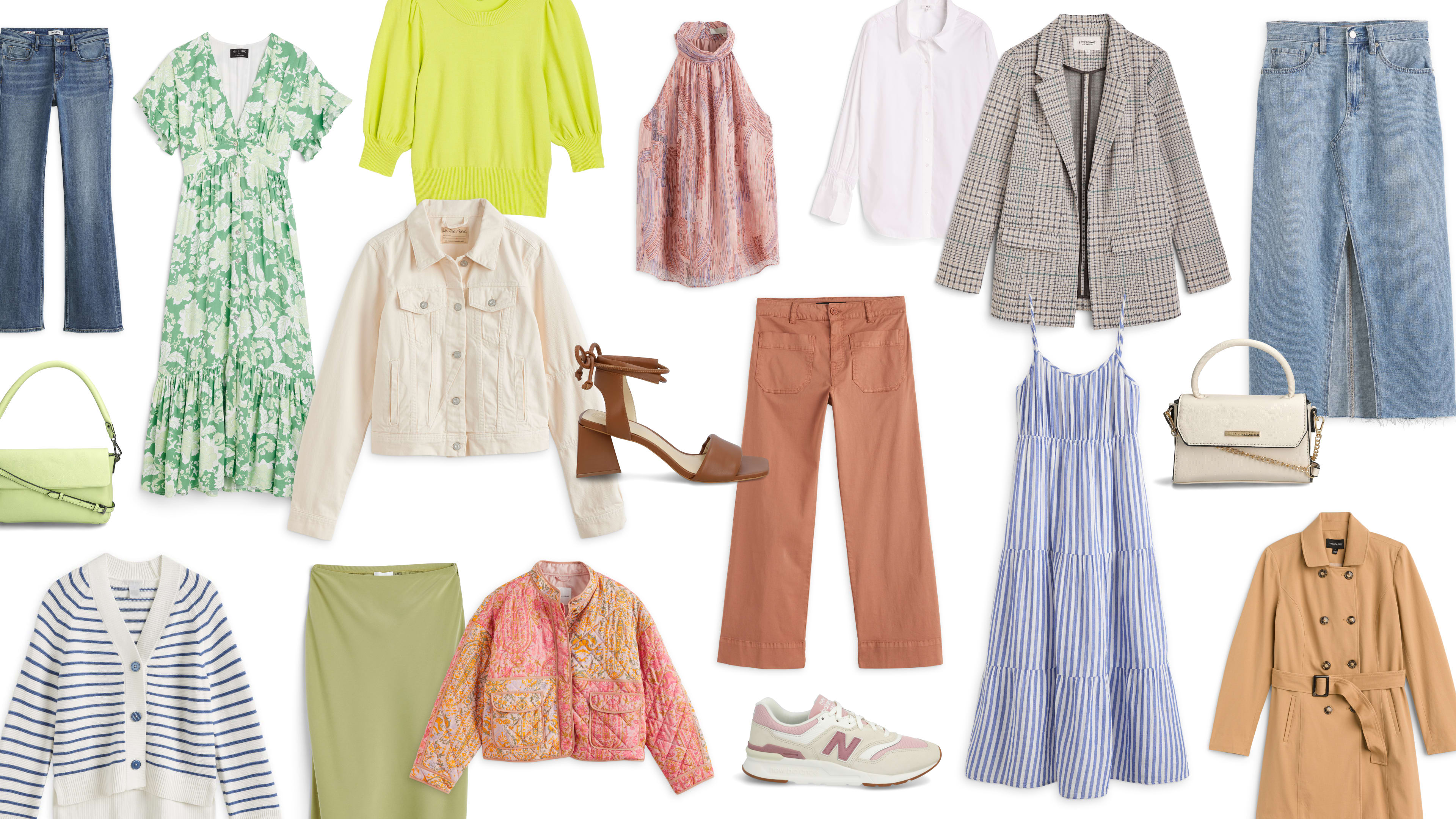 Assortment of Stitch Fix clothing including women’s jeans, striped maxi dress, floral maxi dress metallic heels, denim jacket, striped cardigan sweater, quilted jacket, matcha green skirt, bright green sweater, light green bag, trenchcoat, leather heeled sandal, New Balance sneakers, coral jeans, white button-down shirt, pink halter blouse, denim midi skirt, plaid blazer and white leather bag