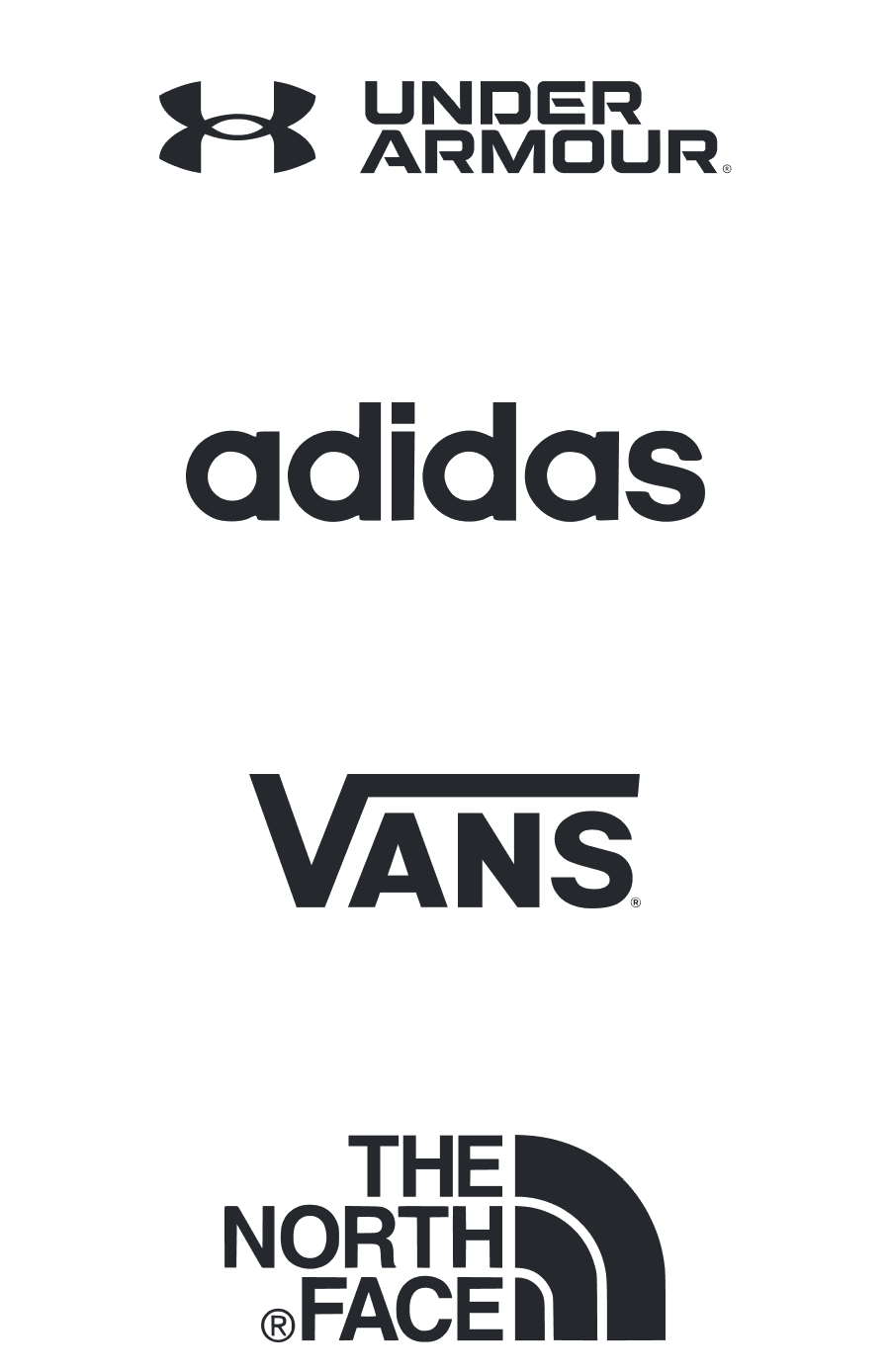 Under Armour, Adidas, Vans, The North Face logos