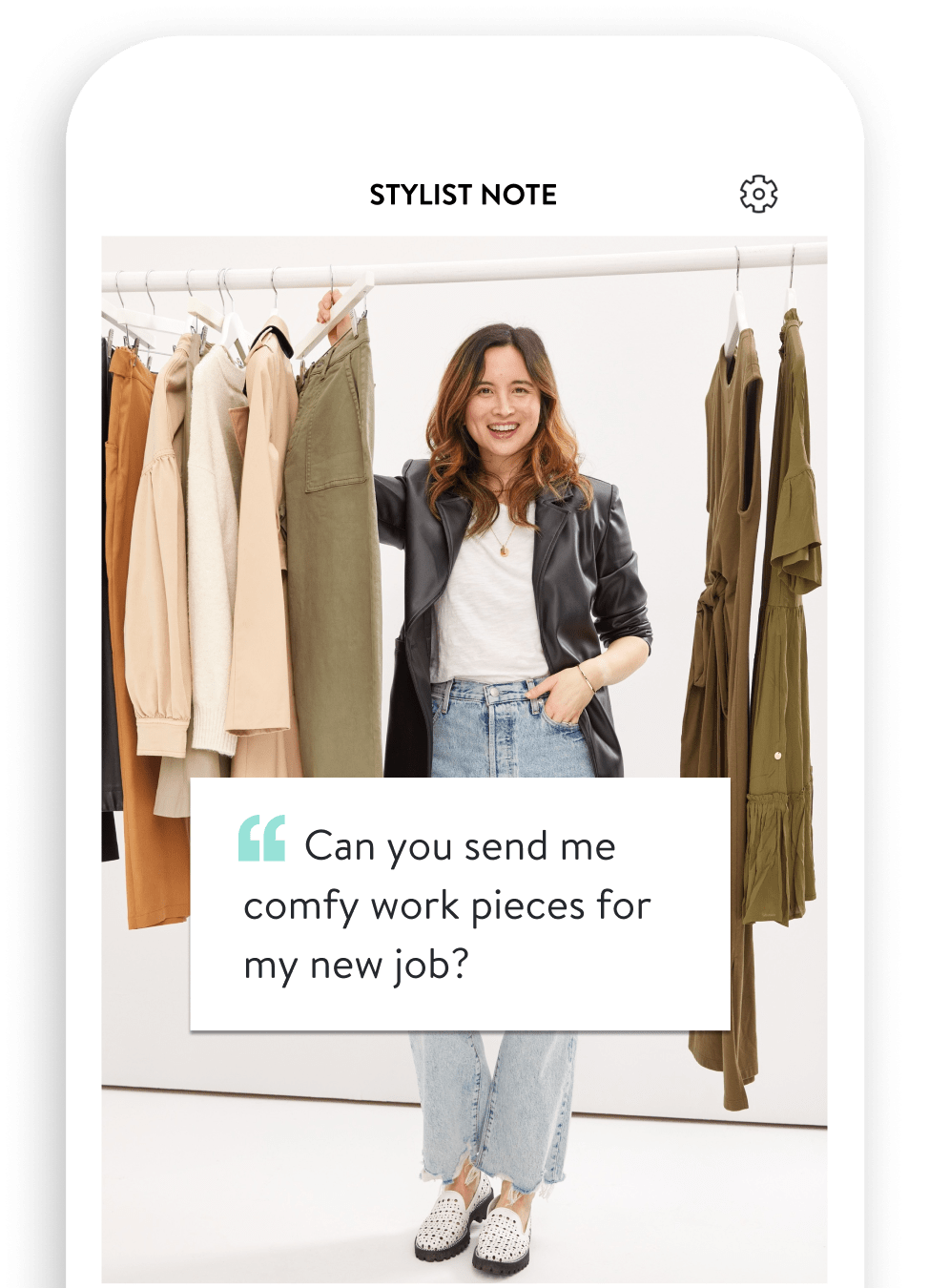 Stitch Fix app screenshot of a Stylist note and Stylist selecting items from a wardrobe with cargo pants, trench coats, and blouses. “Ca