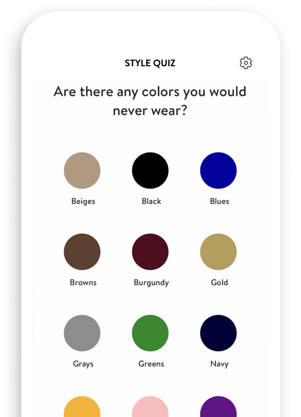 Stitch Fix app screenshot of Style Quiz with colors like beige, black, blue, browth and more for the user to select. “Are there any colors you would never wear?”