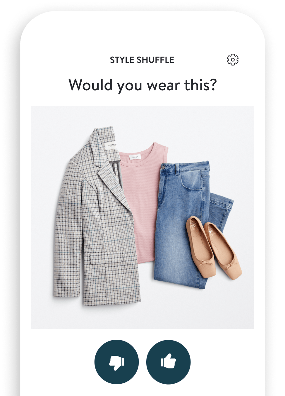 Stitch Fix app screenshot of Style Shuffle with blazer, pink blouse, jeans and tan flats, and thumbs up/ thumbs down tool. “Would you wear this?”