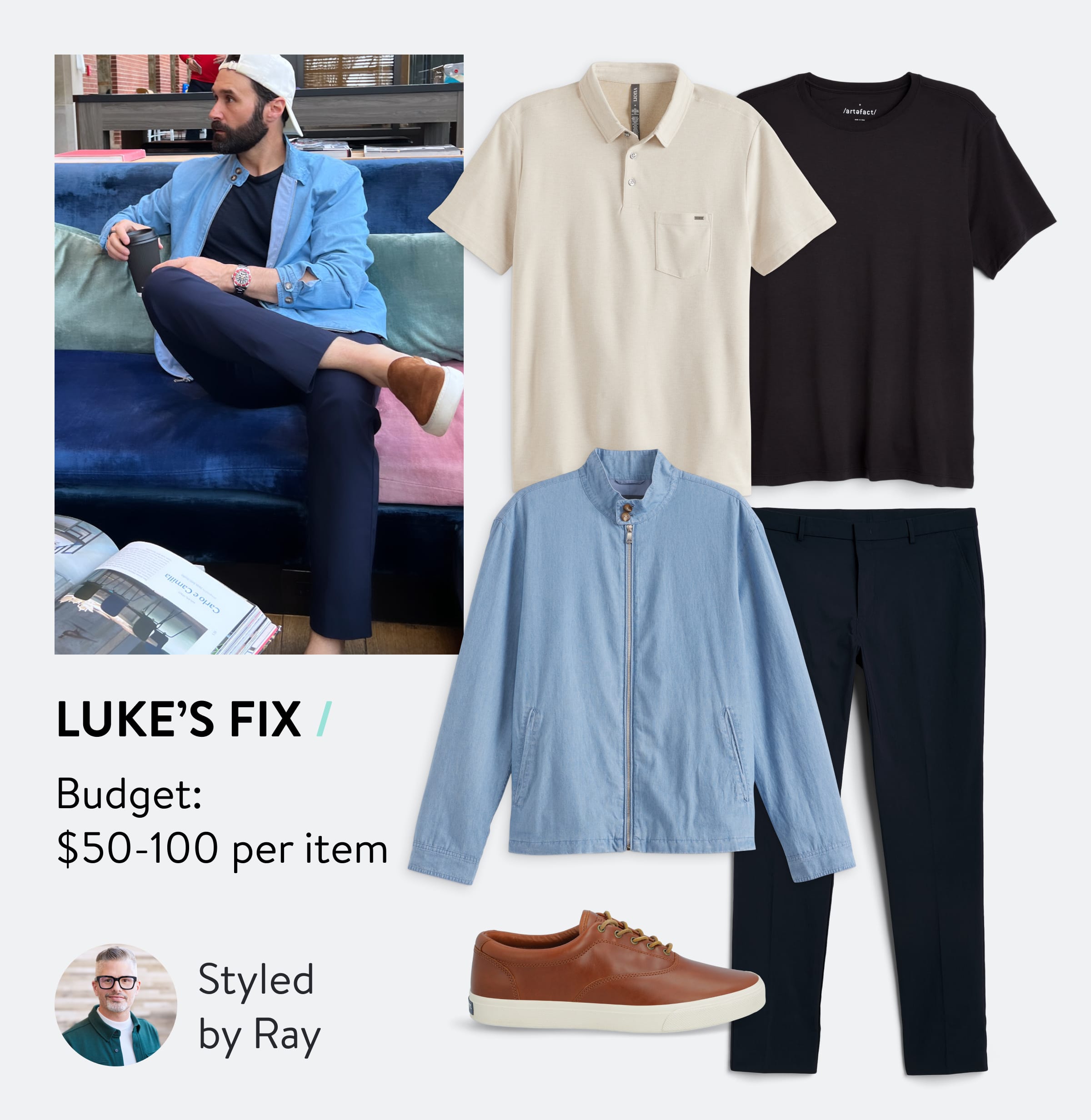 Luke’s Fix: Budget $50-100 per item. Styled by Ray. Man wearing Stitch Fix blue light jacket and navy chinos, selection of Stitch Fix outfit with polo shirt, leather sneakers and black T-shirt, Stitch Fix Stylist wearing green button-down shirt and T-shirt