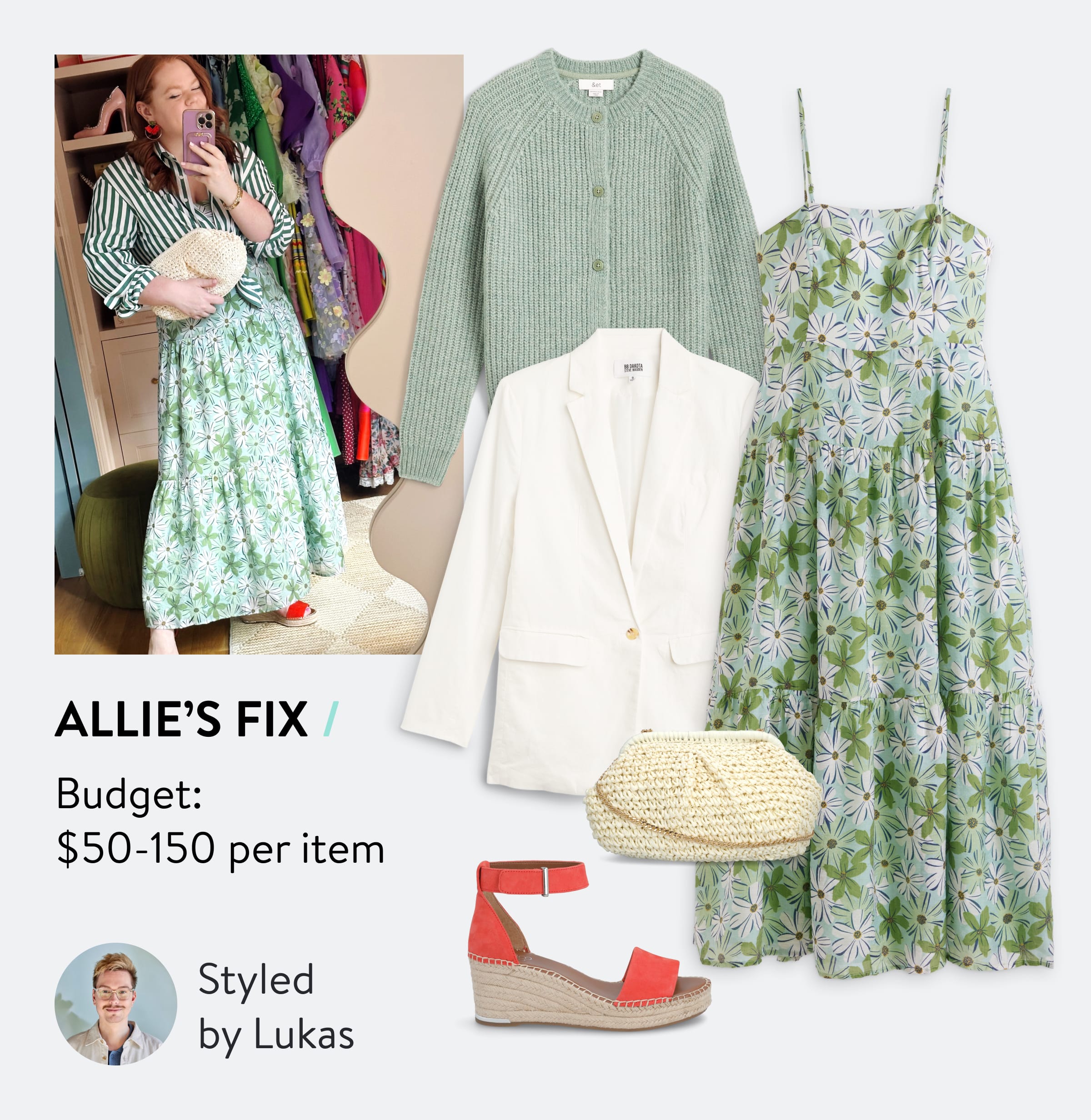 Allie’s Fix: Budget $50-150 per item. Styled by Lukas. Woman wearing Stitch Fix floral dress, selection of Stitch Fix outfit with floral dress, white blazer, raffia bag, espadrille sandals and cardigan sweater, Stitch Fix Stylist wearing button-down shirt and T-shirt