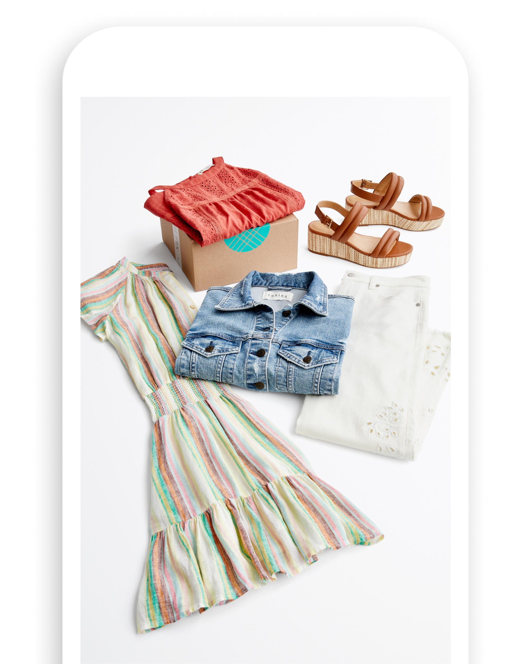 Stitch Fix box and selection of summer clothing including striped dress, denim jacket, white jeans, white shorts and pink dress