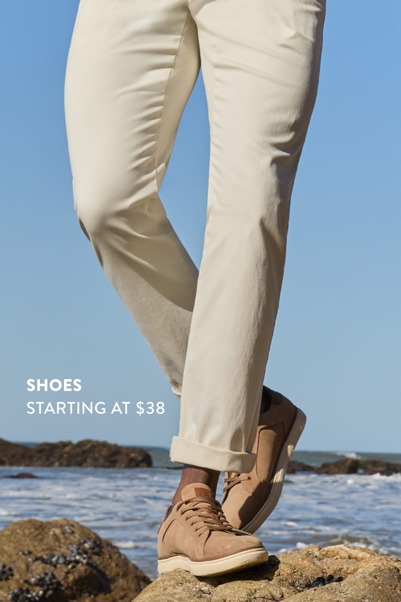 Shoes starting at $38. Man wearing Stitch Fix men’s suede shoes and khaki pants