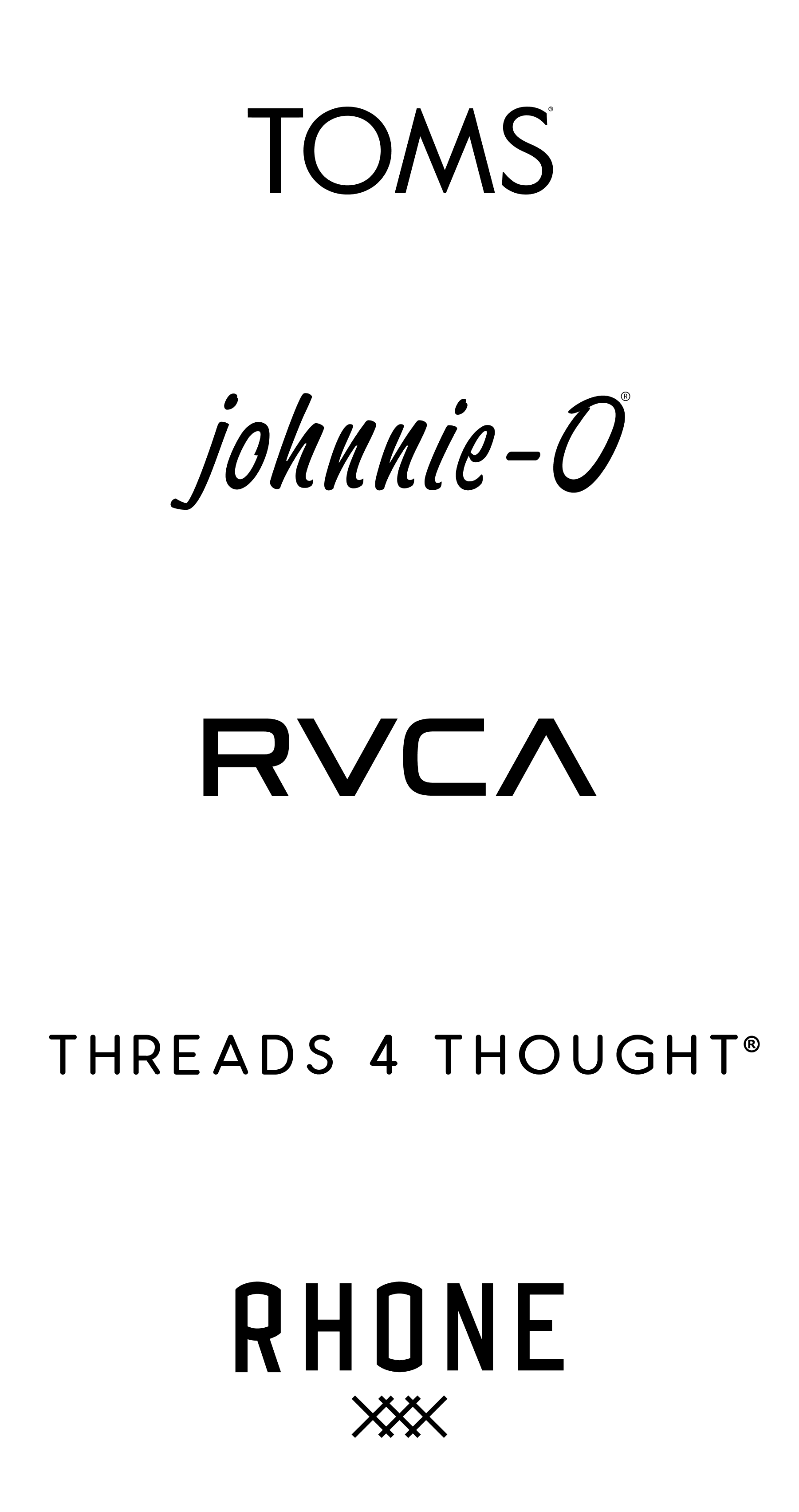 Toms, Johnnie-O, RVCA, Threads 4 Thought, and Rhone logos.