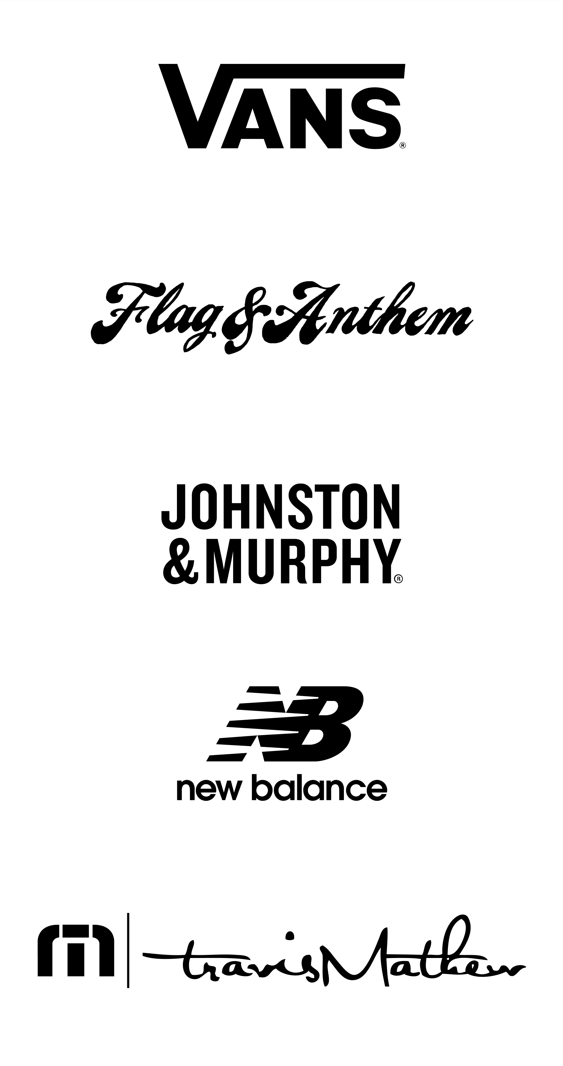 Vans, Flag & Anthem, Johnston & Murphy, New Balance, and Travis Mathew logos.