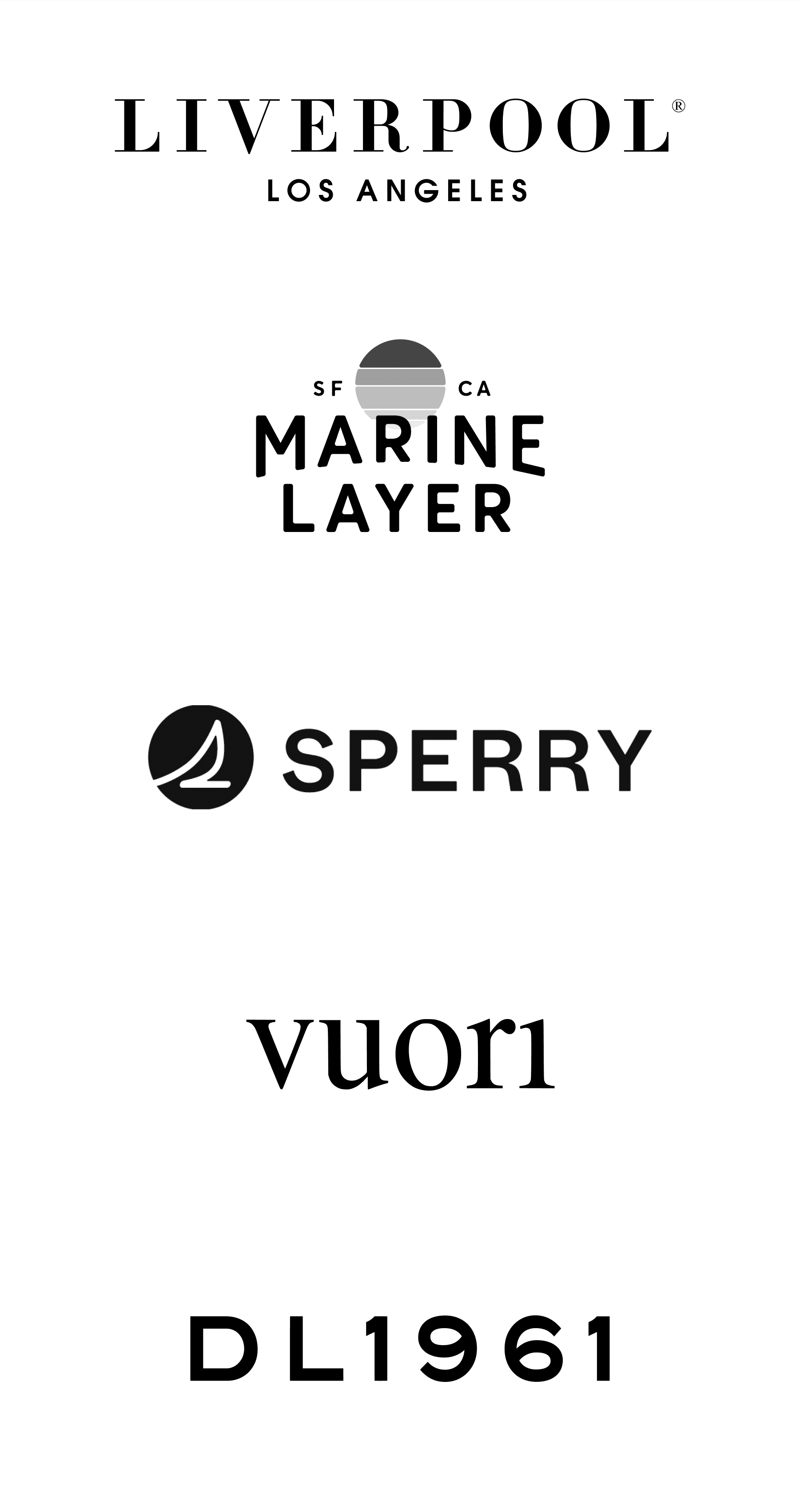 Liverpool, Marine Layer, Sperry, Vuori, and DL1961 logos.