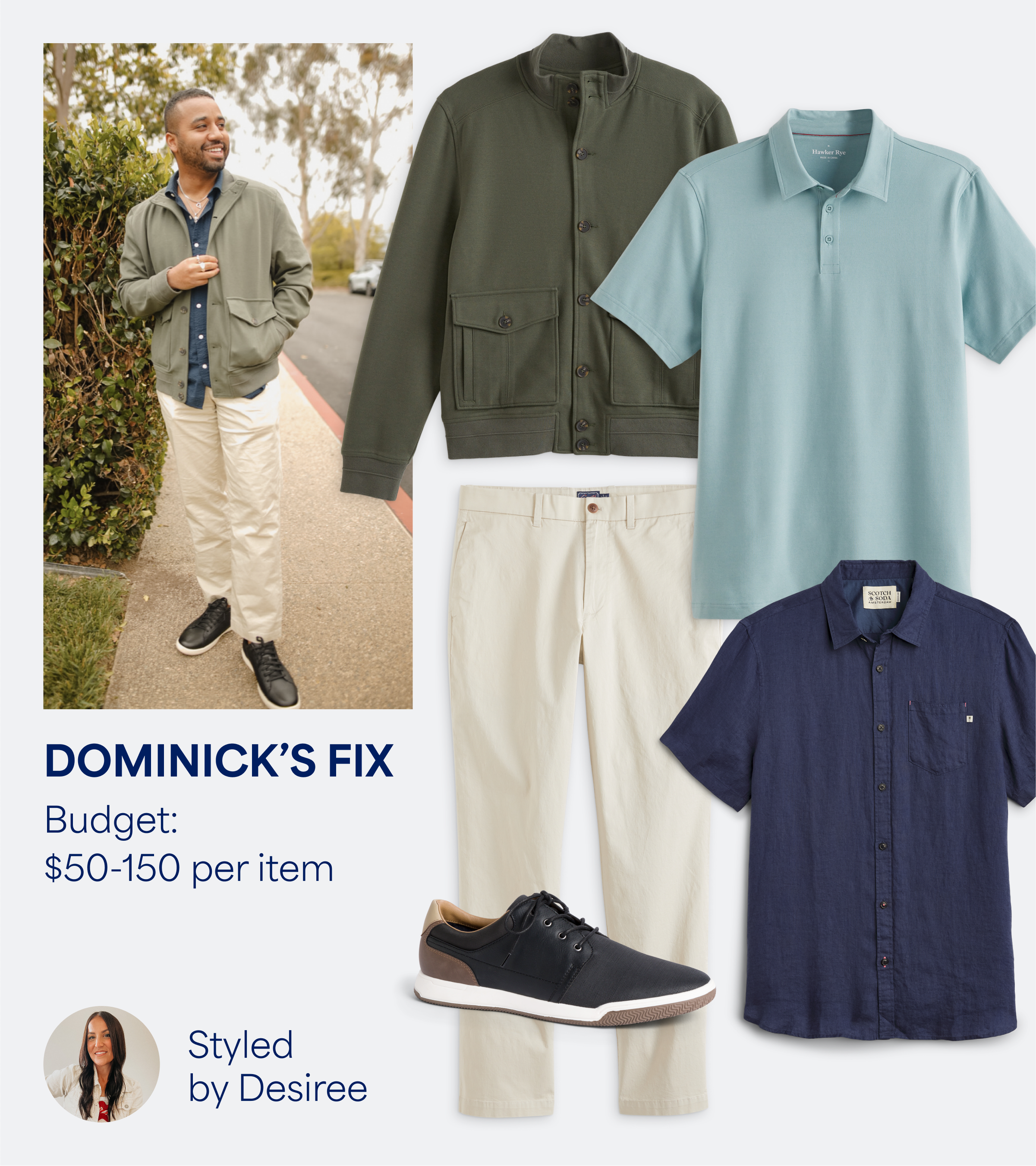 Text reads: Dominick’s Fix. Stitch Fix mens clothing: olive snap-button jacket, blue collared knit, slacks and  Oxfords.