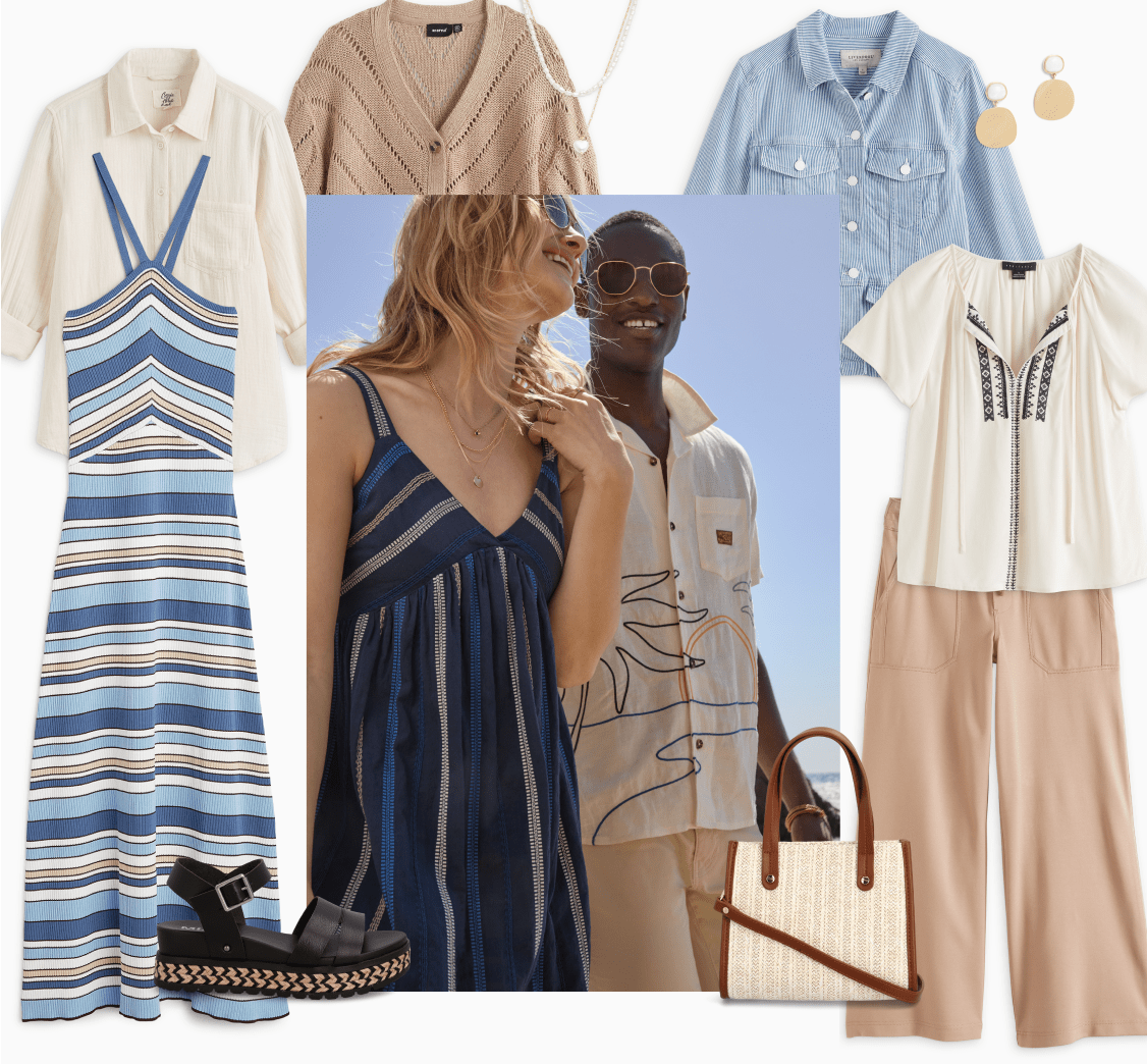 Models wearing Stitch Fix women’s and men’s clothes: blue maxi dress and tan button-down.