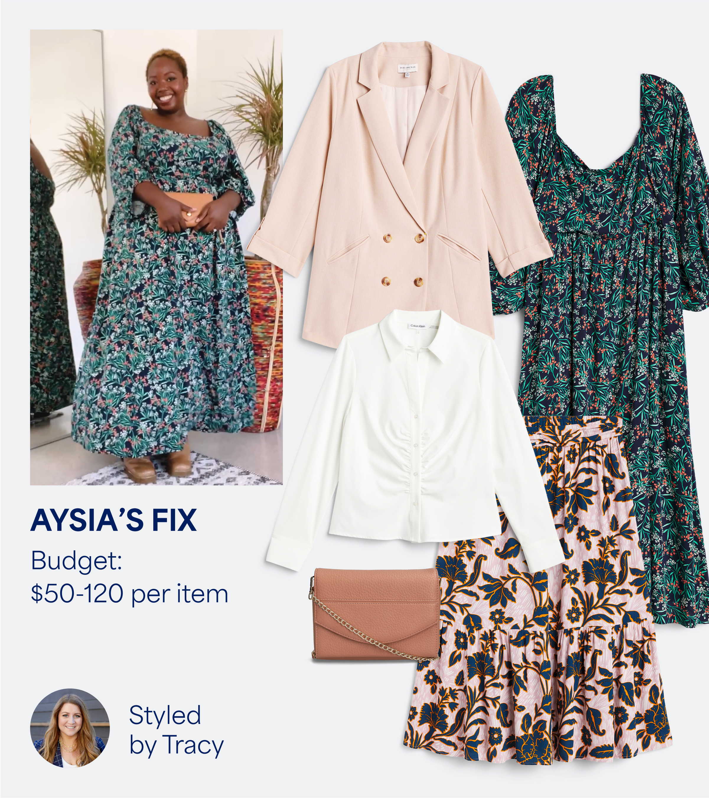 Text reads: Aysia’s Fix. Stitch Fix womens clothing including pink blazer, green dress and tan crossbody purse.