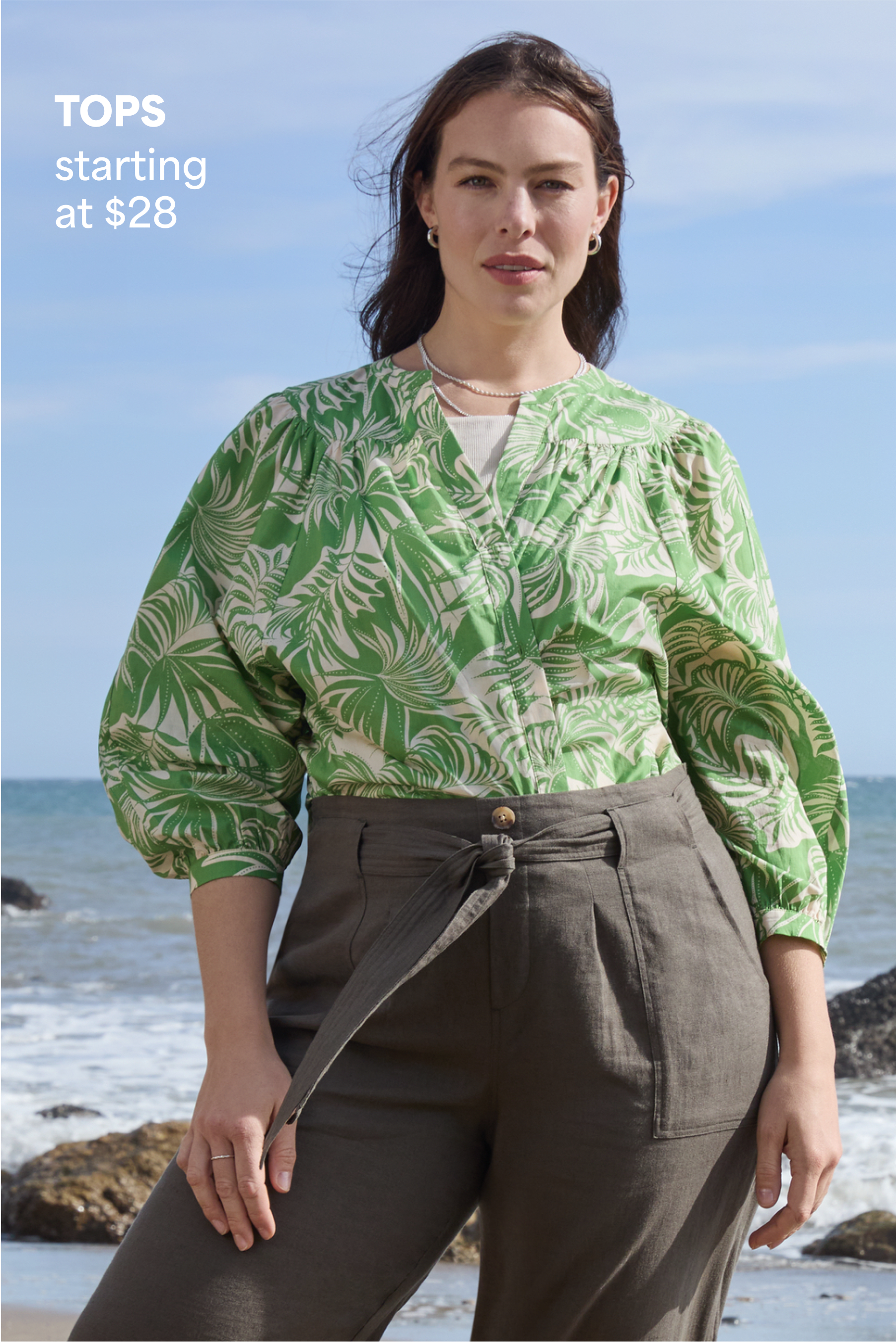 Model wearing Stitch Fix women’s plus-size clothing: green blouse and olive cargo pants.