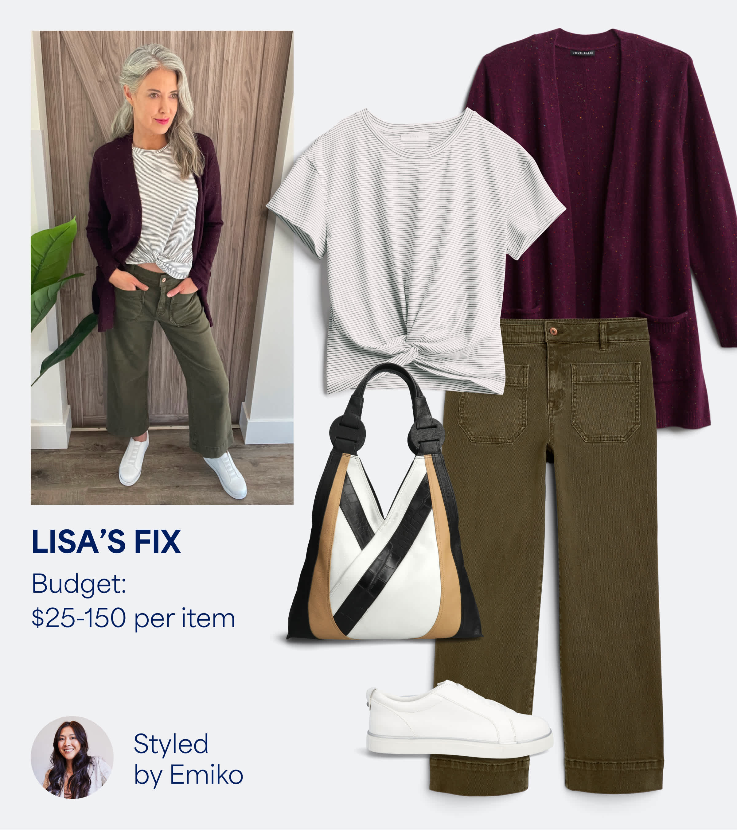 Text reads: Lisa's Fix. Stitch Fix womens clothing including colored denim and purple cardigan.