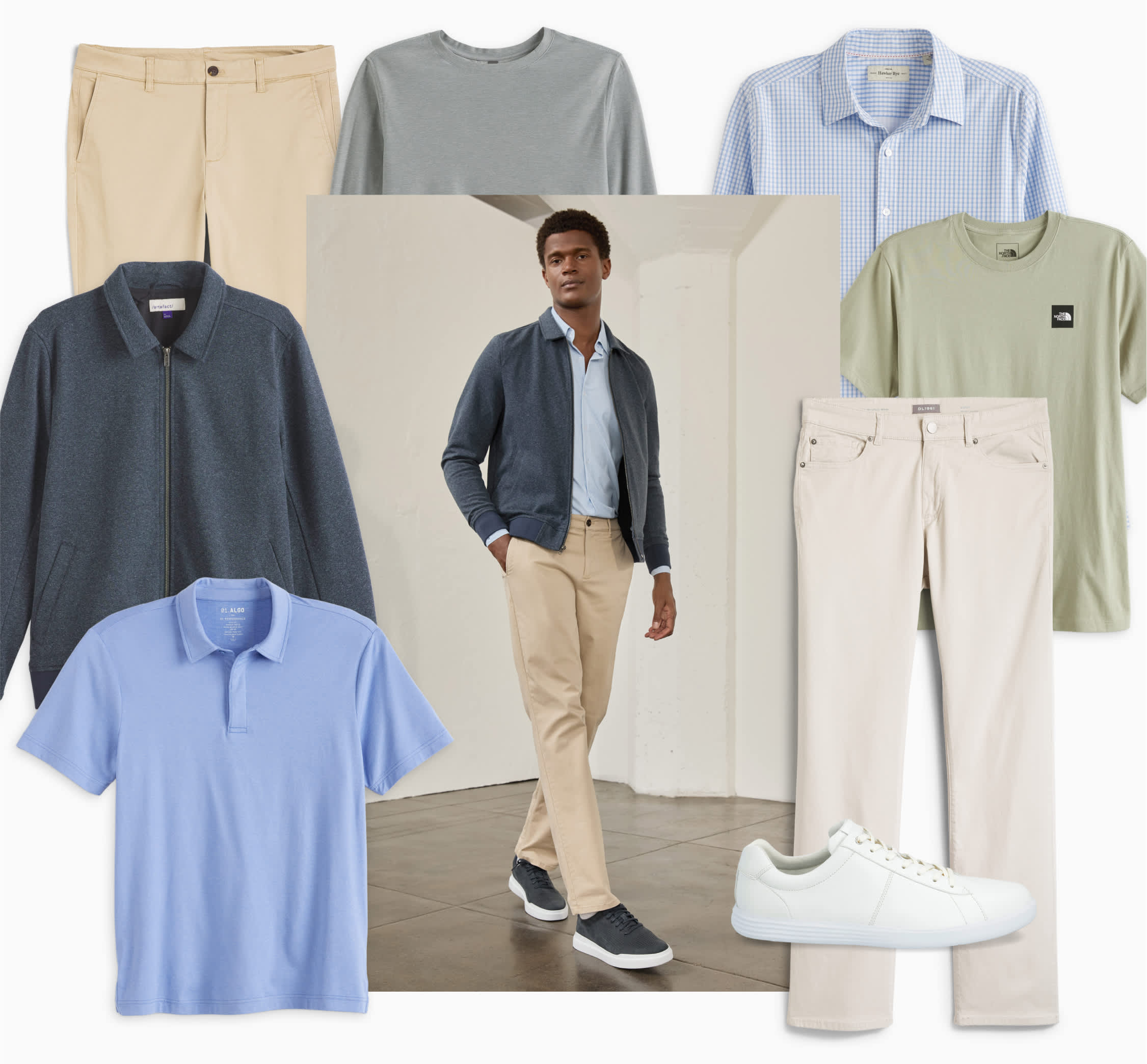 Model wearing Stitch Fix men’s clothes: button-down, chinos and hybrid work shoes.