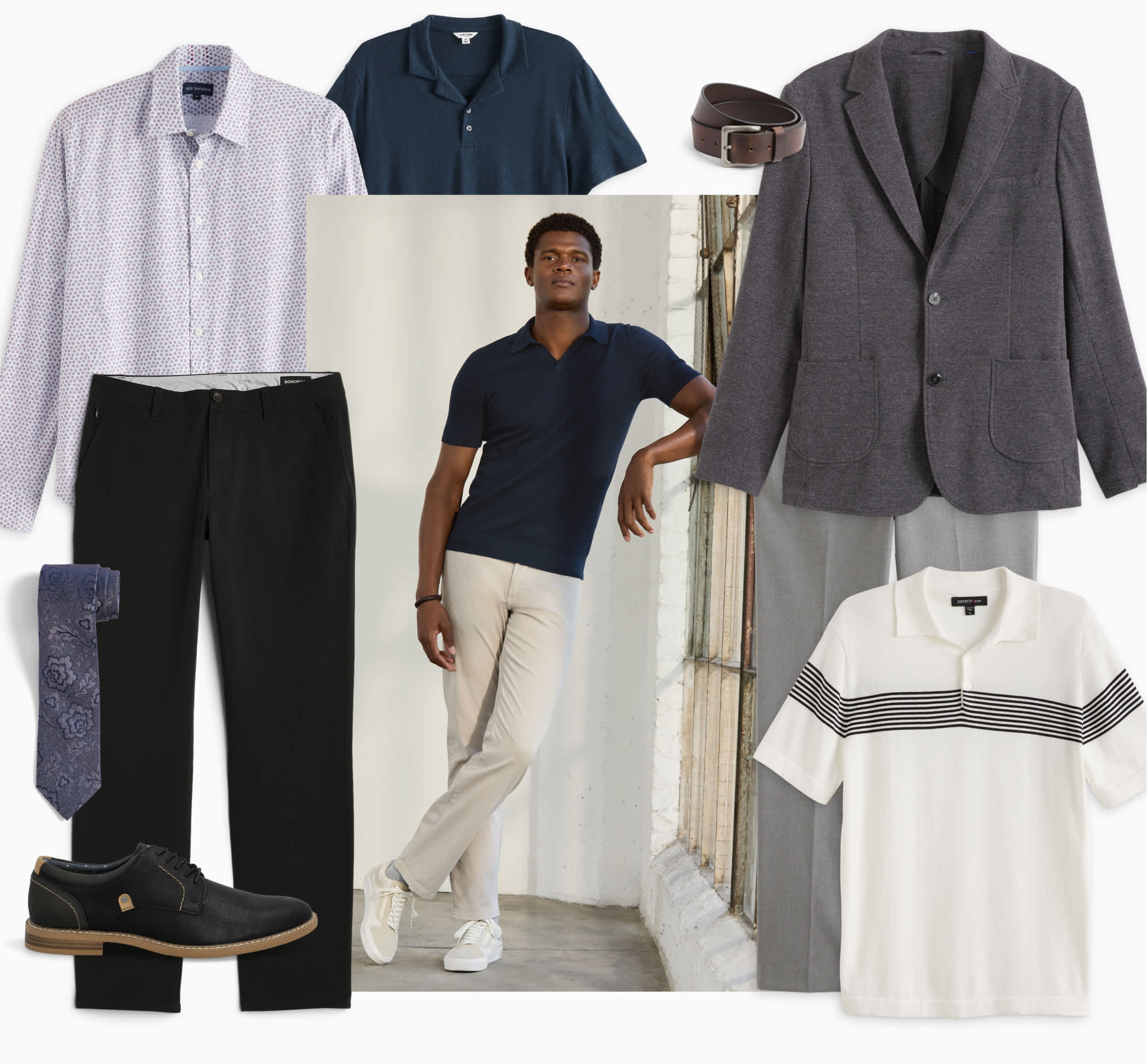 Model wearing Stitch Fix men’s clothes: knit polo and chinos.