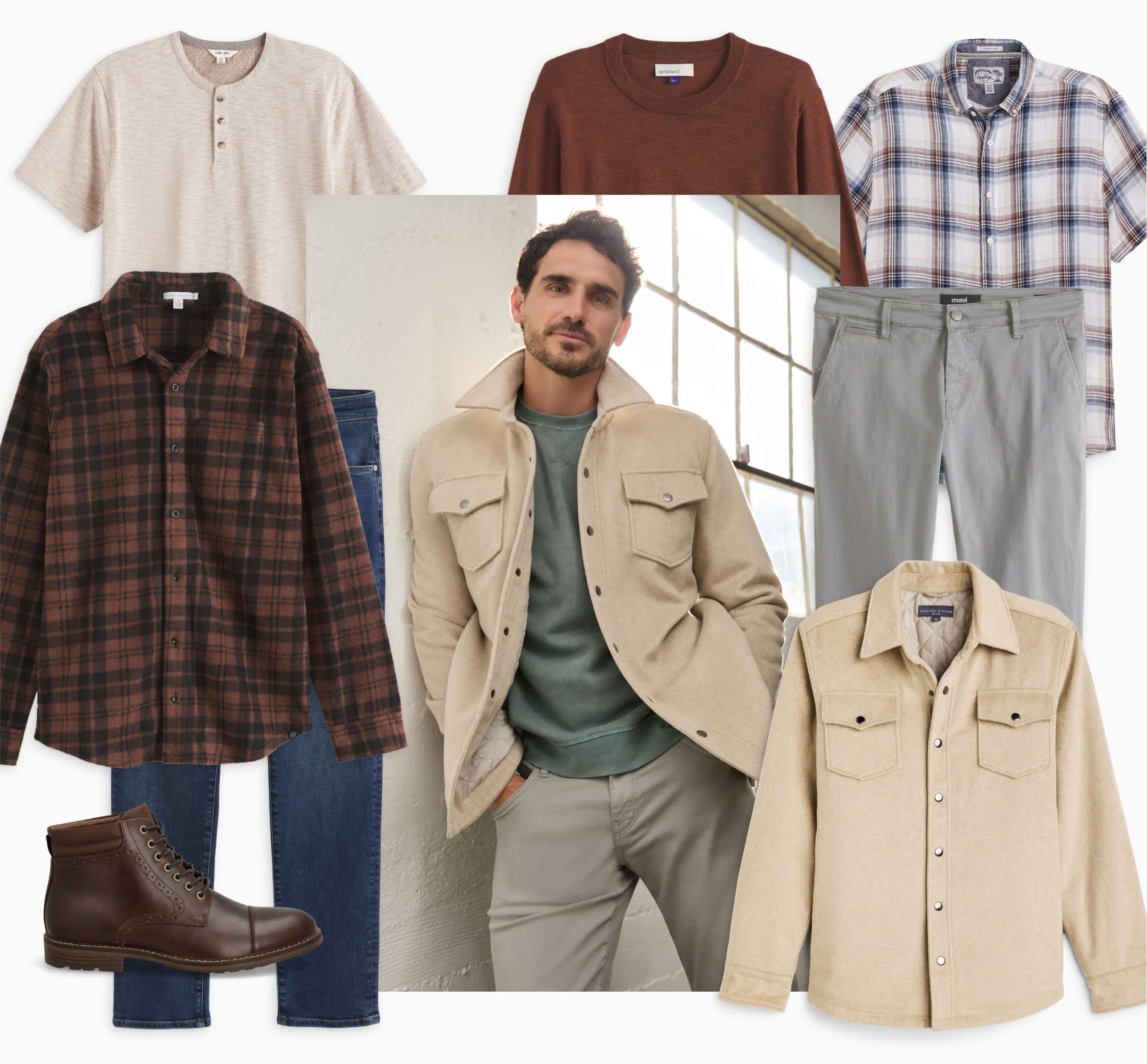 Model wearing Stitch Fix men’s clothes: neutral shacket and green sweater.