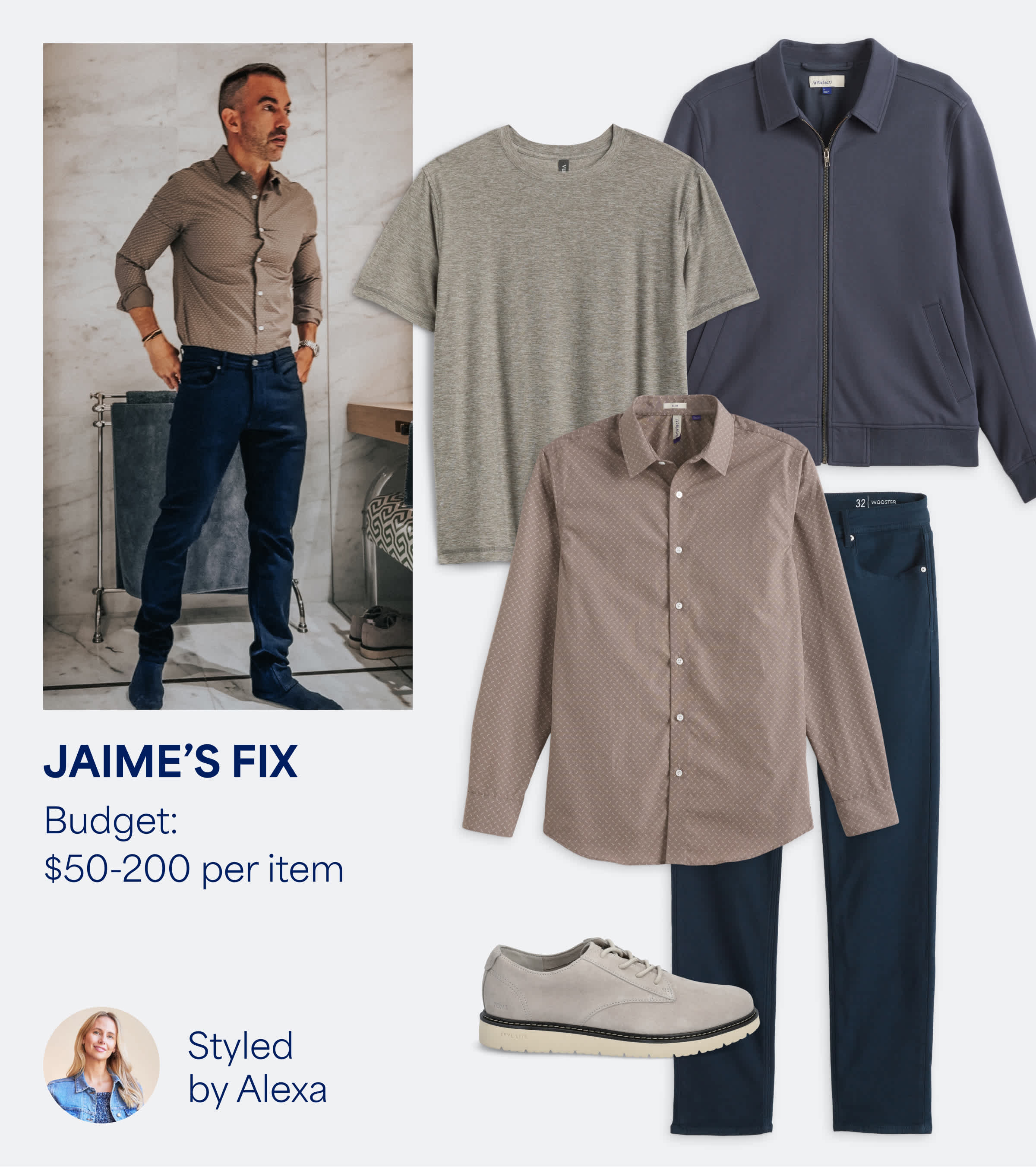 Text reads: Luca's Fix. Stitch Fix mens clothing including button-down and dark blue pants.