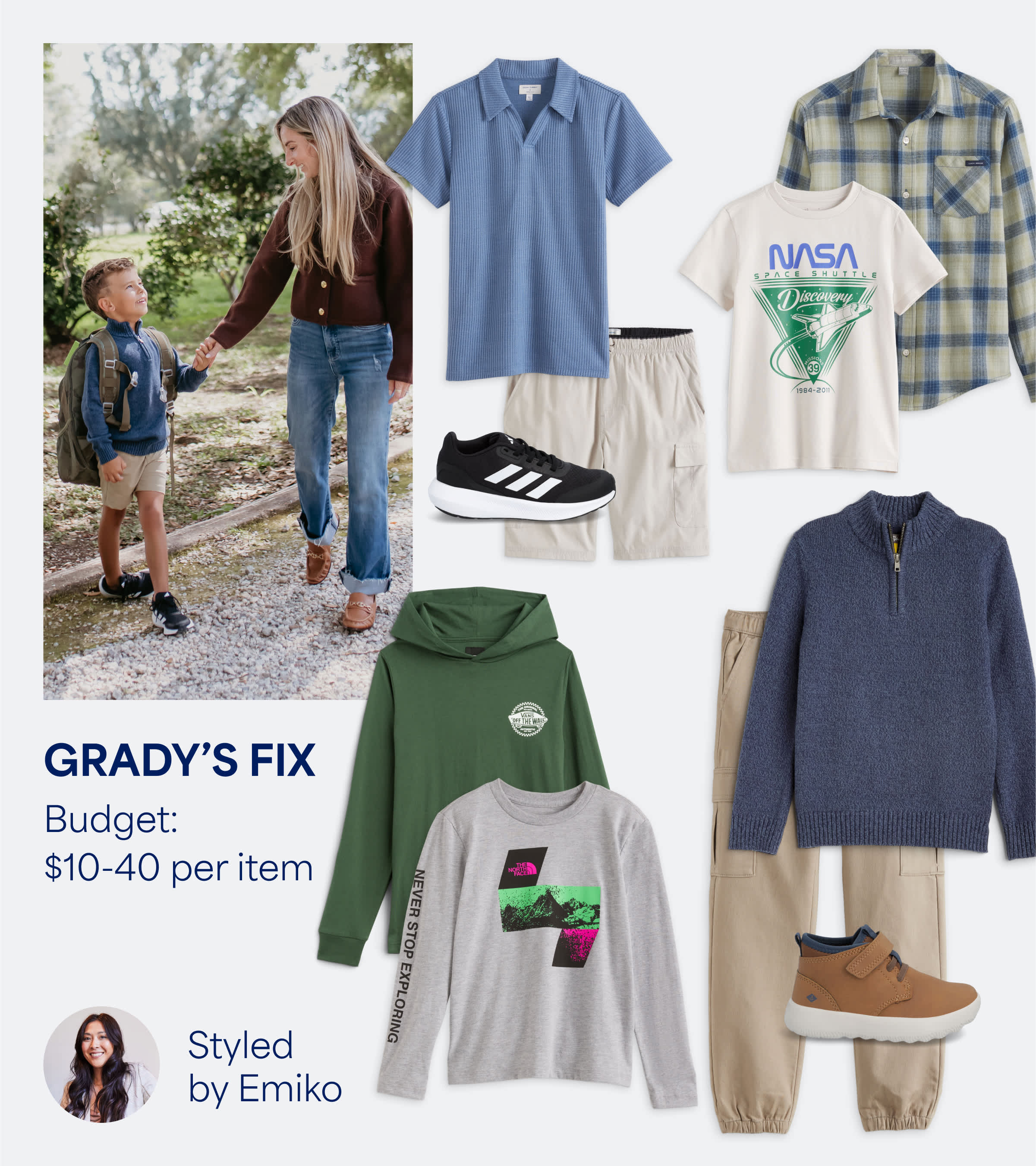 Text reads: Grady’s Fix. Stitch Fix kids clothing: quarter-zip sweater and tan shorts.