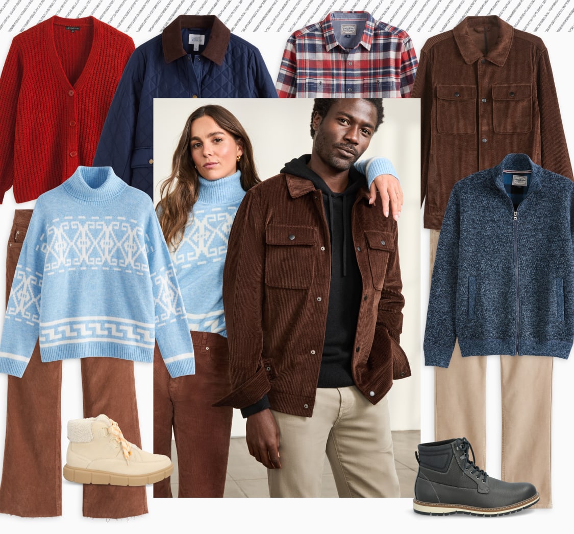 Selection of Stitch Fix women’s and men’s winter holiday clothes including jackets, boots, shirt jackets, flannel shirts, sweaters and scarves